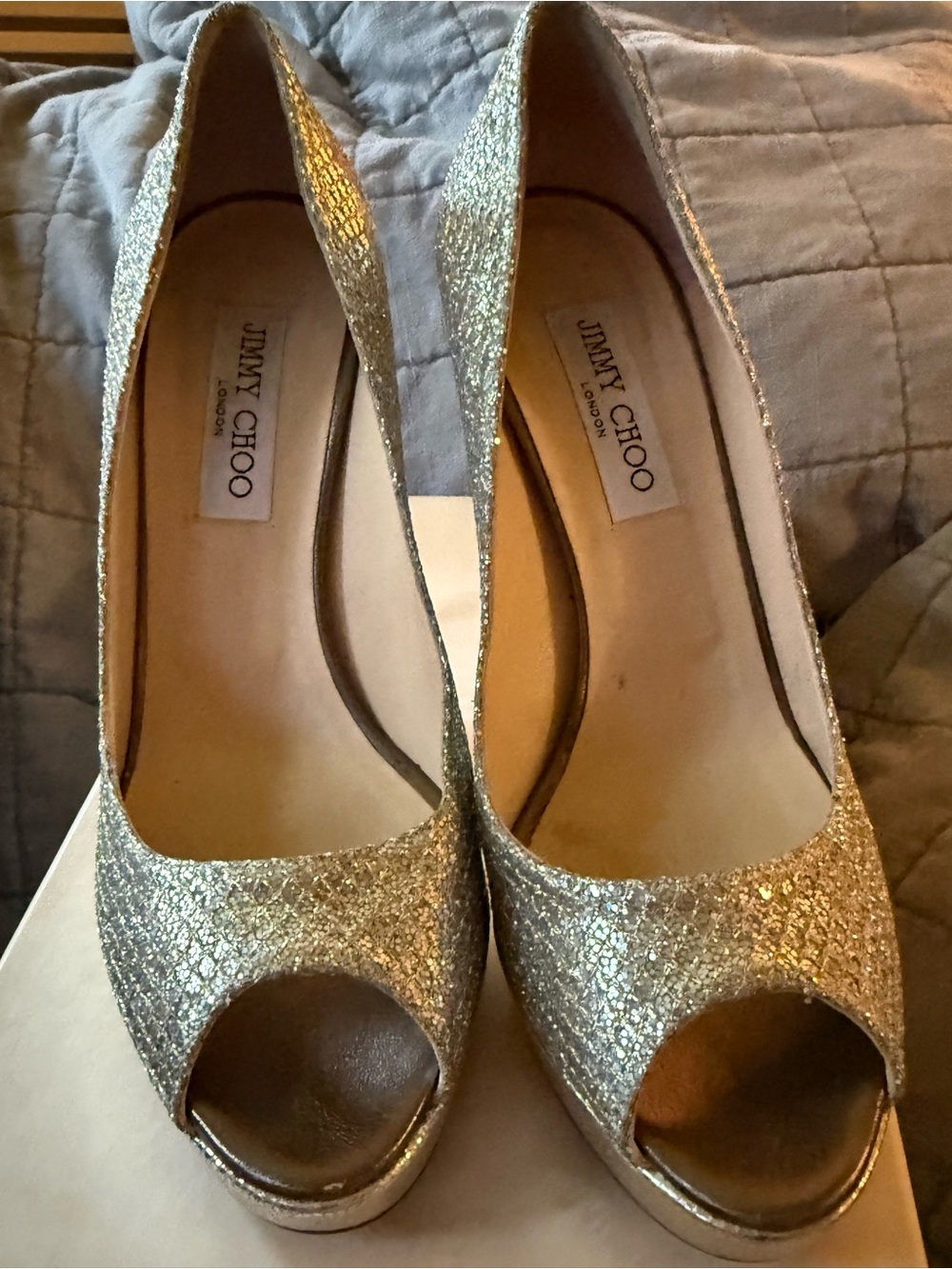 Jimmy Choo Gold Glitter Peep-Toe Heels